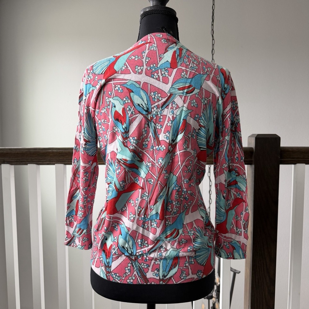 Talbots Bird Pink Blue 3/4 Sleeve Cardigan Sweater Small Petite Novelty Cottage - Picture 3 of 8
